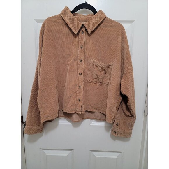 American Eagle Corduroy Button-Up Shirt Beige With  A Front Pocket SZ L - Picture 1 of 12